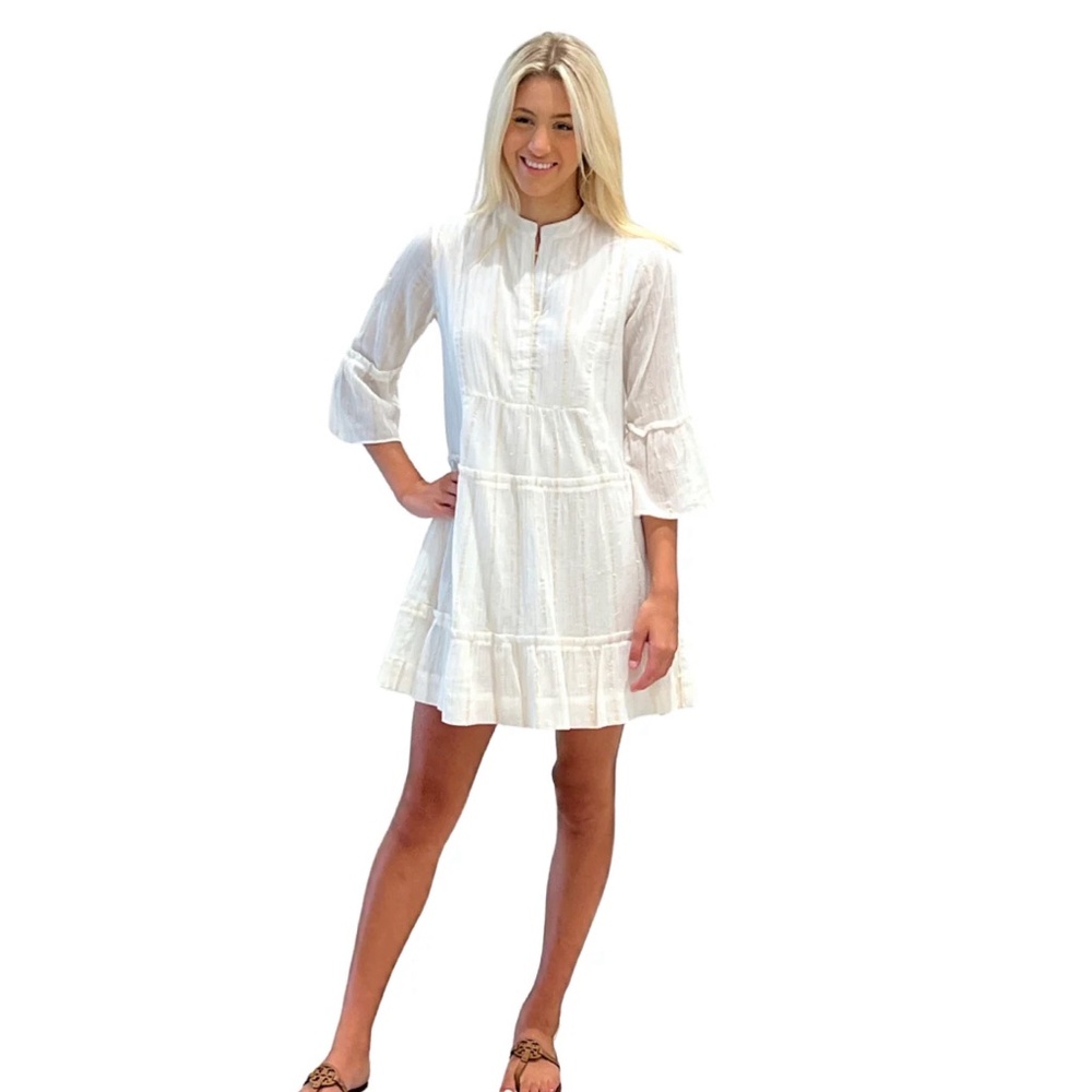 Liza Byrd Makayla White and Gold Cotton Gauze Tiered Dress NWT - Picture 1 of 3